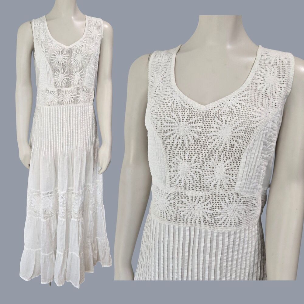 Raga Sun Embroidered Lace Midi Maxi Dress Womens Small White Cotton Tiered Beach